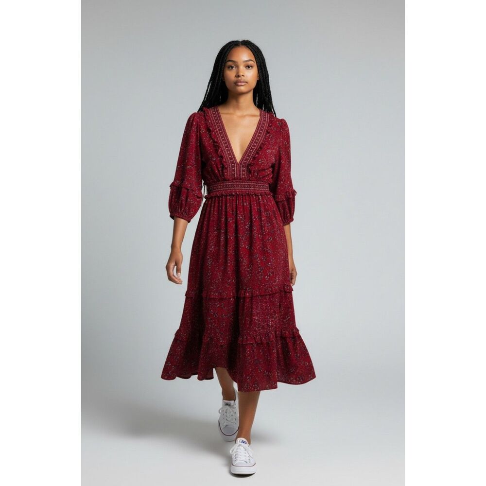 Max Studio Red Floral V-Neck Smocked Waist Tiered Midi Dress S